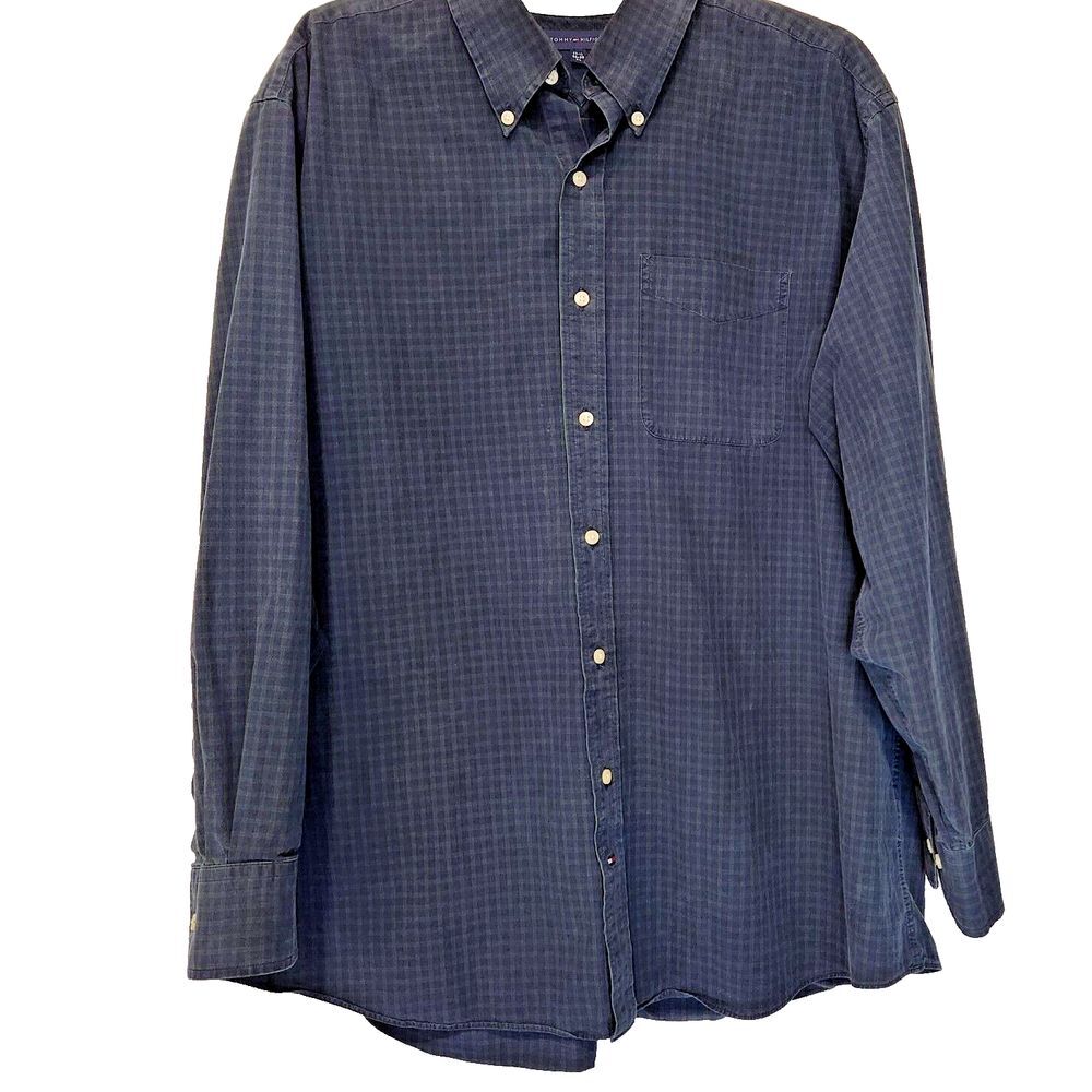 Tommy Hilfiger Men's Shirt XL Navy Blue Green Check Button Long Sleeve 17.5 Neck